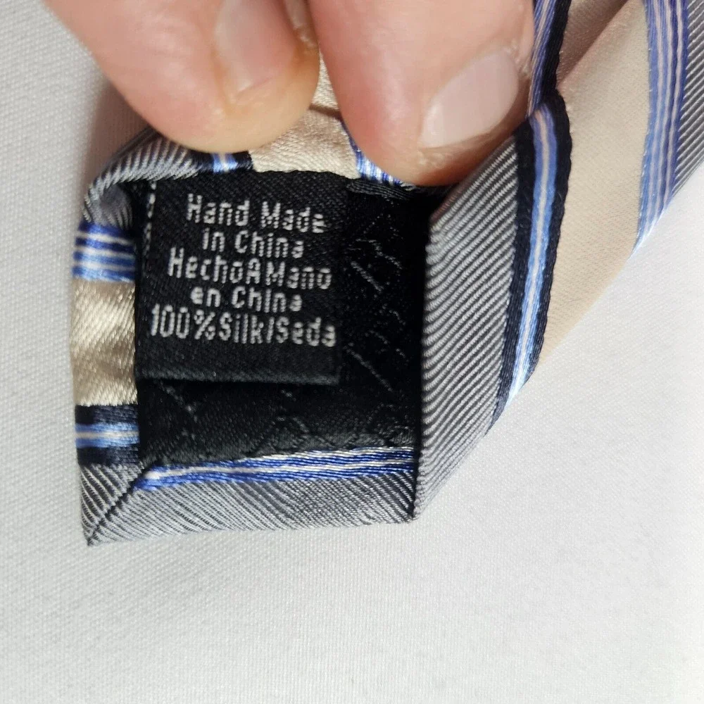 Perry Ellis Portfolio 100% Silk Hand Made Tie Gray Gold Stripes‎ 4